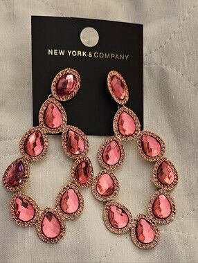 New York & Company Rose Pink Teardrop Rhinestone Hoop Earrings